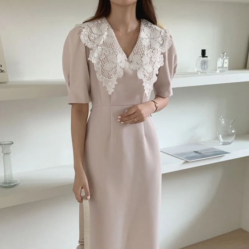 Neploe Vintage Embroidery Lapel Neck Dresses Slim Waist Mid-length Dress for Women Spring New Puff Sleeve Vestidos Mujer