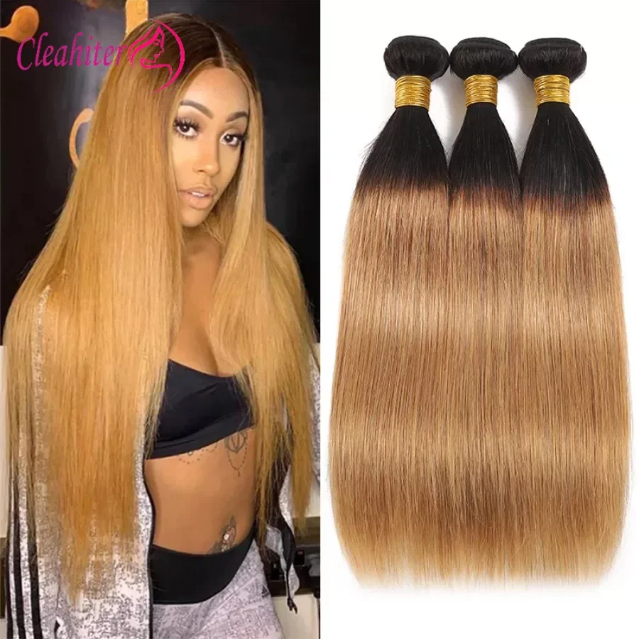 

12-26 Inch 1B27 Ombre Blonde Brazilian Remy Straight Human Hair Bundles 100g/PC Double Weft Hair Extensions For Full Head