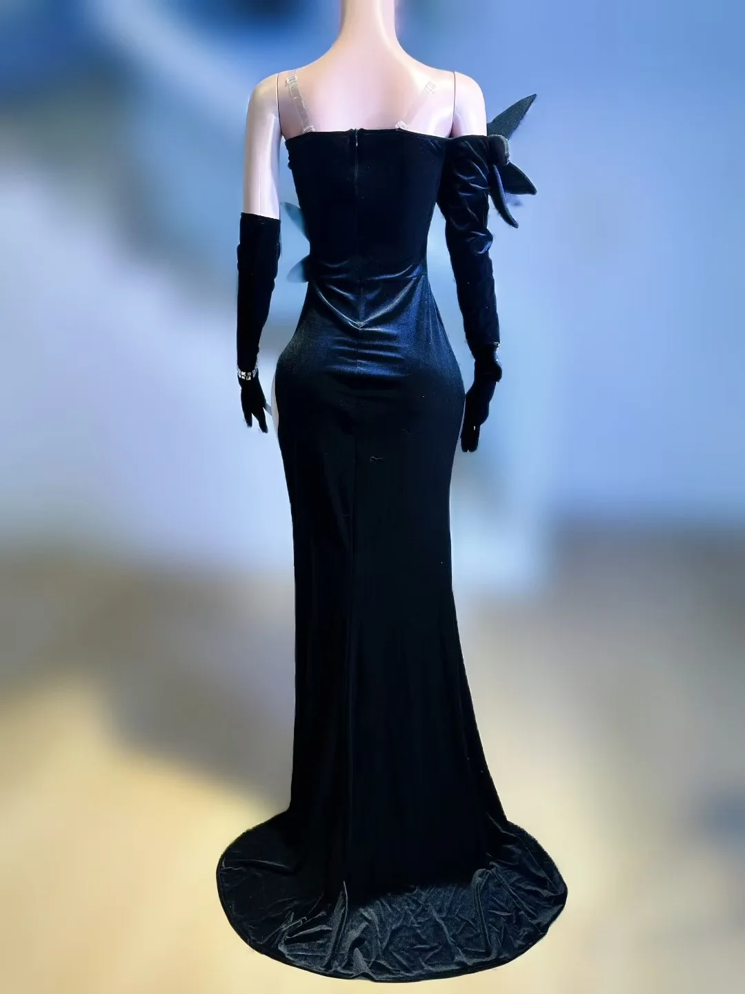 Luxus-Abschlussballkleider für Damen, schwarz, 3D-Perlen, Blätter, offenes Bein, Maxi-langes Kleid mit Handschuhen, Promi-Abendparty, Gala-Kleider, Kostüme