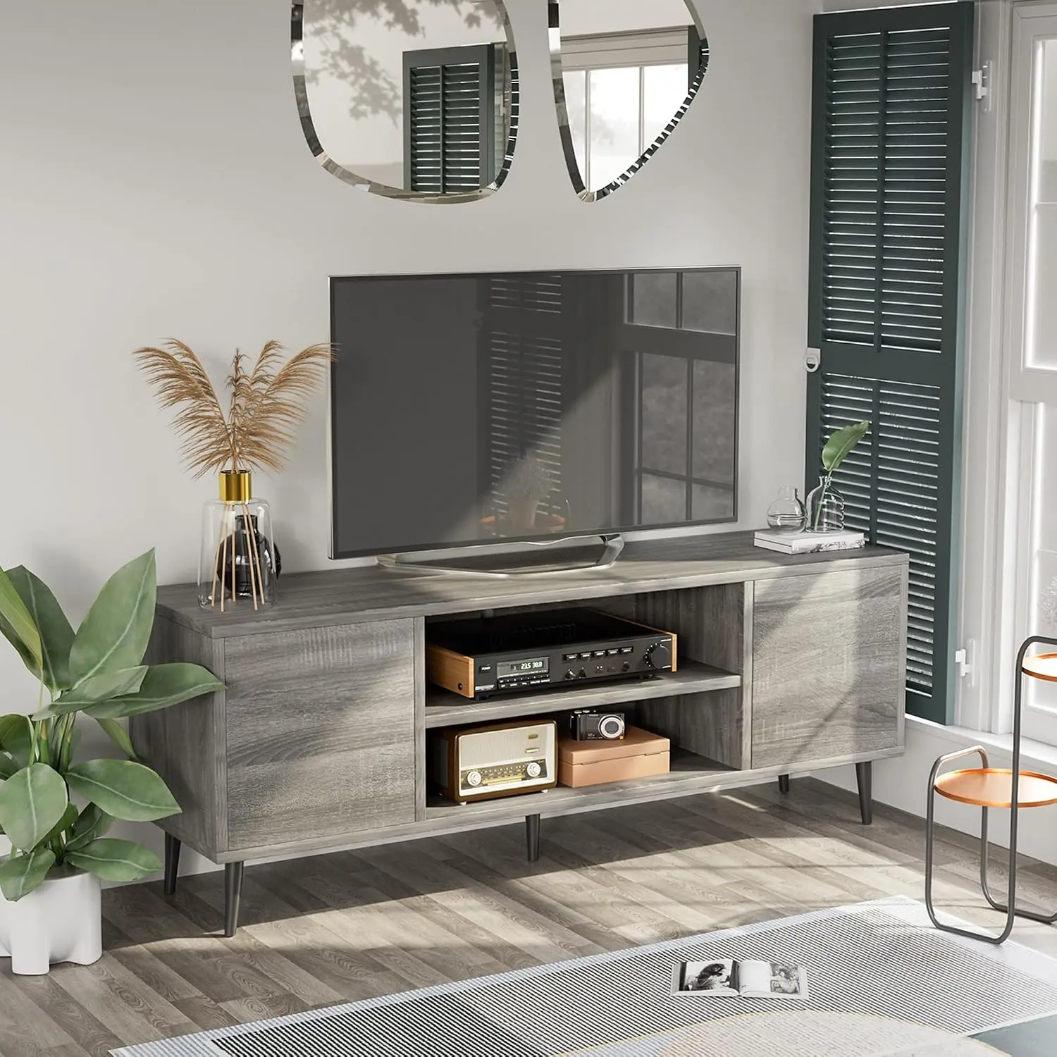 Modern Mid Century TV Stand For 65 Inch TV, Wooden Media Console Table With Storage Cabinet And Open Shelves, TV Furniture Cabinet For Living Room Bedroom, Gray