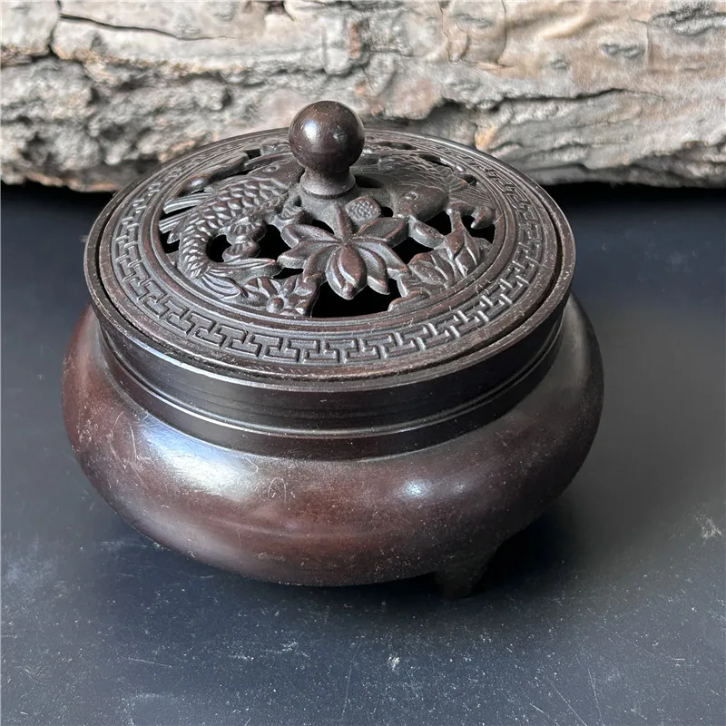 

Copper handicrafts, old collection, copper hollowed out lotus fish incense burner with thick and mellow paste