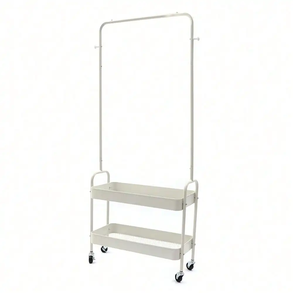 2-In-1 Garment Rack Clothing Rack W/2 Tier Metal Basket Rolling Storage Cart Spring, Minimalist, Summer Tops Coat Rack Back
