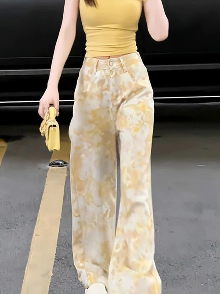 Tie Dye Vrouwen Y2k Jeans Streetwear Losse Hoge Taille Vintage Denim Broek Harajuku Retro Amerikaanse Casual Gele Broek Nieuw