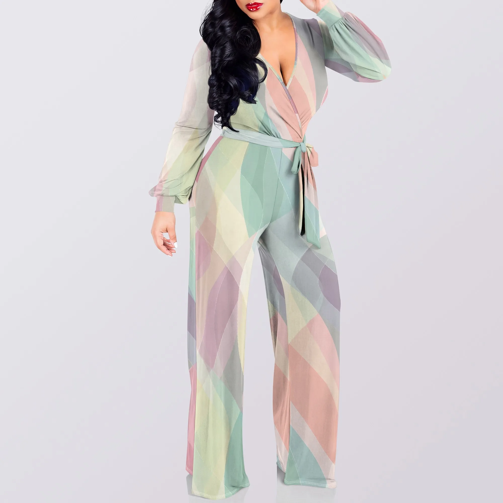

Women Jumpsuits Elegant Long Sleeve Sexy V Neck Casual Long Wide Leg Pants with Pockets Belt