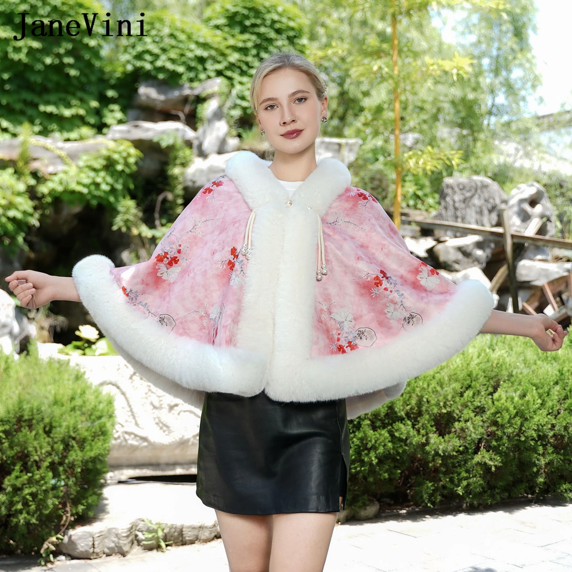 

JaneVini Elegant Pink Faux Fur Shawl Winter Wedding Jackets Bridal Bolero Cape Wrap Imitation Fur Formal Cloak Shrug Accessories