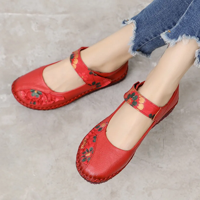 Koznoy 3cm Retro Ethnic Summer Autummn Round Toe Genuine Leather Print Womenbig Size Soft Flats Loafers Shallow Hook Hollow Shoe