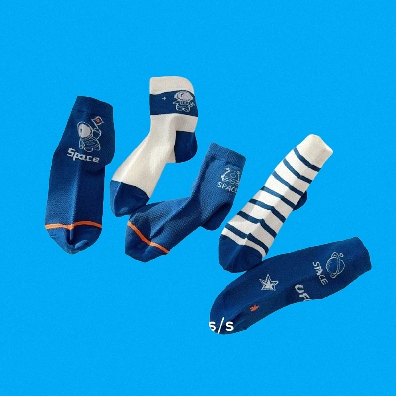 Chaussettes en coton peigné pour garçons, maille fine, chaussettes décontractées respirantes pour enfants, couleur bleue, 5/10 paires, printemps et été, nouveau, 2024