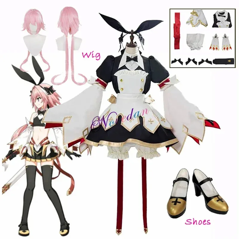 Zz04zz12anime destino grande ordem sabre astolfo cosplay traje fgo espada versão 3.0 roupa de empregada vestido peruca sapatos conjunto completo festa su