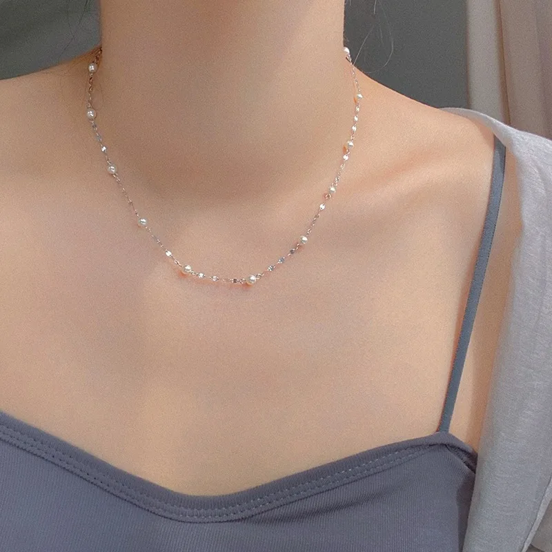 Silver color Pearl Chain Choker Necklace For Women Wide Fine Jewelry Wedding Party Birthday Gift