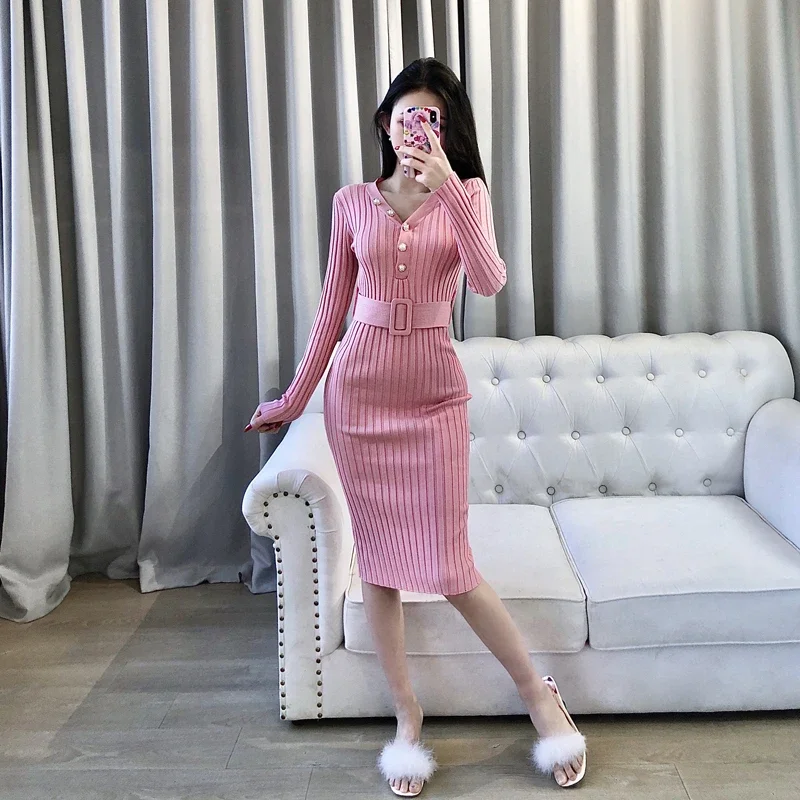 Autumn Pink Wrap Hip V Neck Long Sleeve Knitted Dress Women Sashes Slim High Waist Sexy All-match Vestido Mujer Feminino Solid