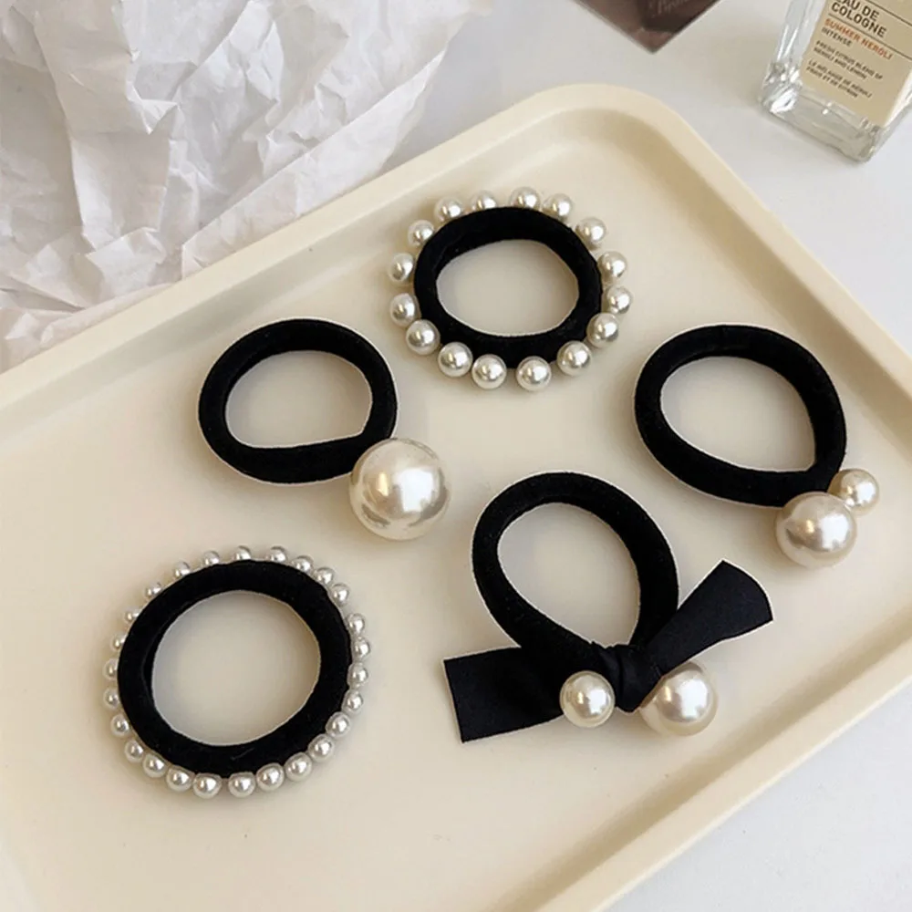 

Элегантные простые аксессуары для волос, лента с бантом, модные минималистичные резинки для волос с жемчугом, эластичная резинка для волос для женщин и девочек