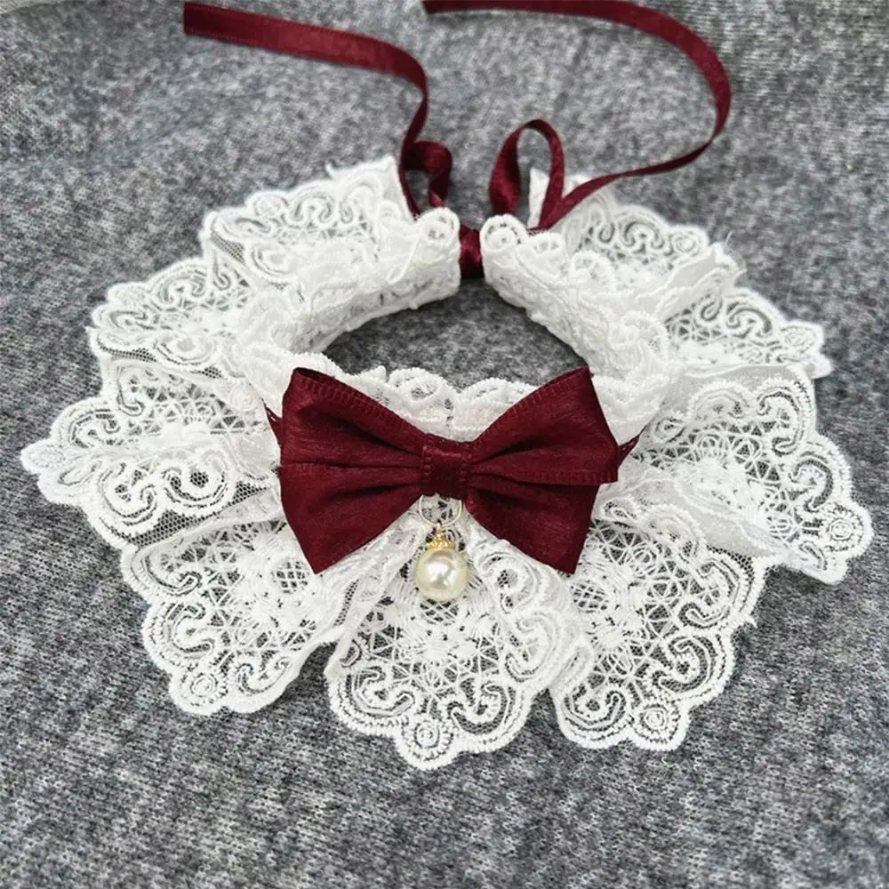 Adjustable Dog saliva towel Neck Strap Lace Bowknot Puppy String Bib Dog Neckerchief Pearl Collar