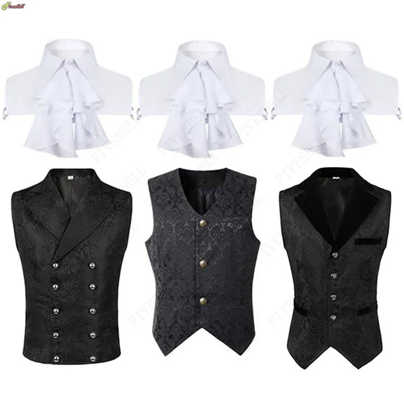 Men Steampunk Renaissance Cosplay Medieval Gothic Waistcoat Vest Vintage Vicotiran Jacquard Swallow Top Noble Fiveshell Costume