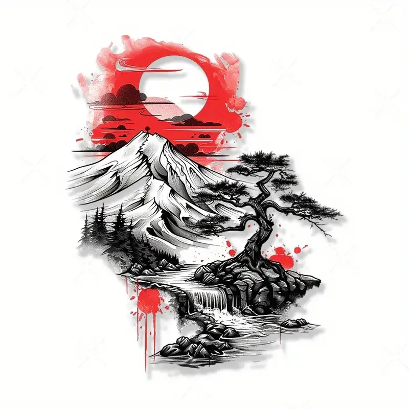 

1 шт., виниловая наклейка в японском стиле с пейзажем Фудзи (красные и черные чернила) - наклейка «сделай сам» для ноутбуков, автомобильные аксессуары