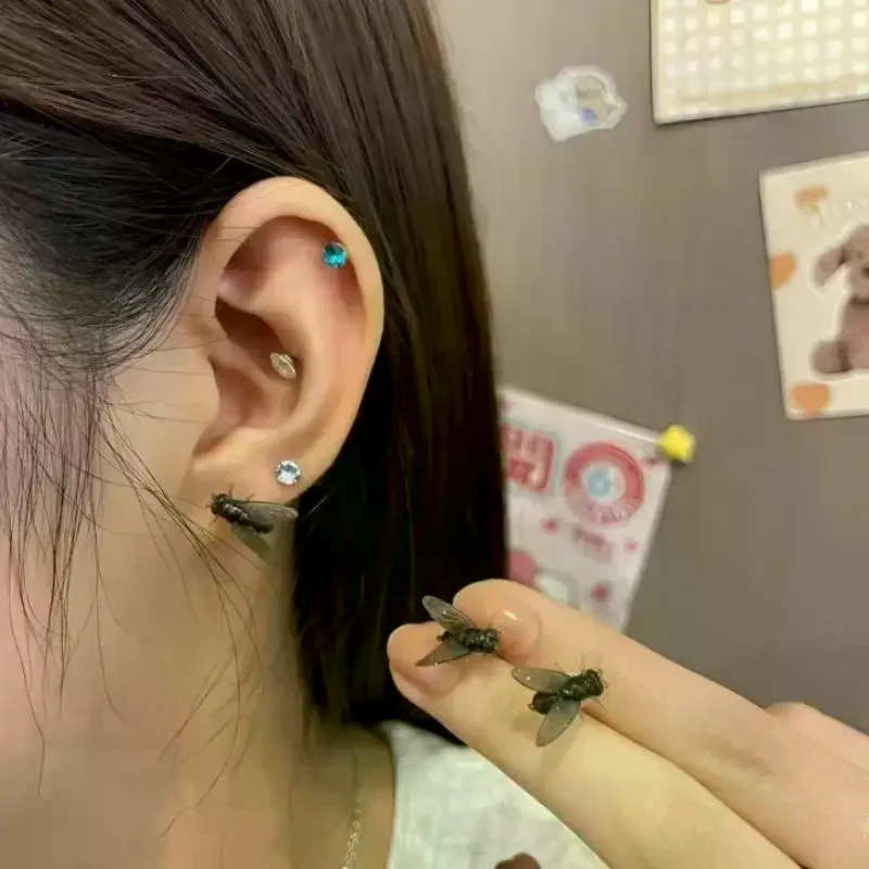 2Pairs Personalized Creative Mini Simulated Fly Earrings For Men Women Funny Abstract Niche Jewelry Accessories Couple Gift