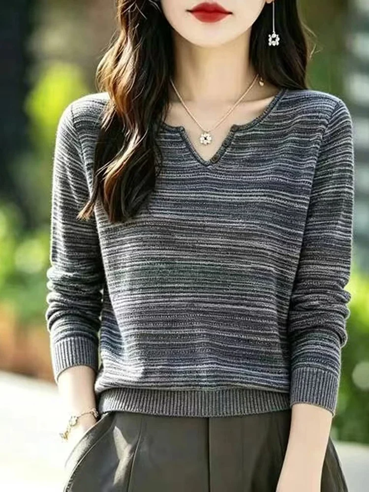 Retro Striped V-Neck Long Sleeve Loose Women's Knitwear Base Layer Shirt Warm Autumn Spring Thin Sweater New Arrival