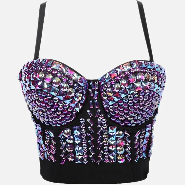 Summer Crop Top Women Sexy Rivet Diamond Corset Woman Clothing Blusas Push Up Bustier Club Bra Camis Handmade Ladies Tank Tops