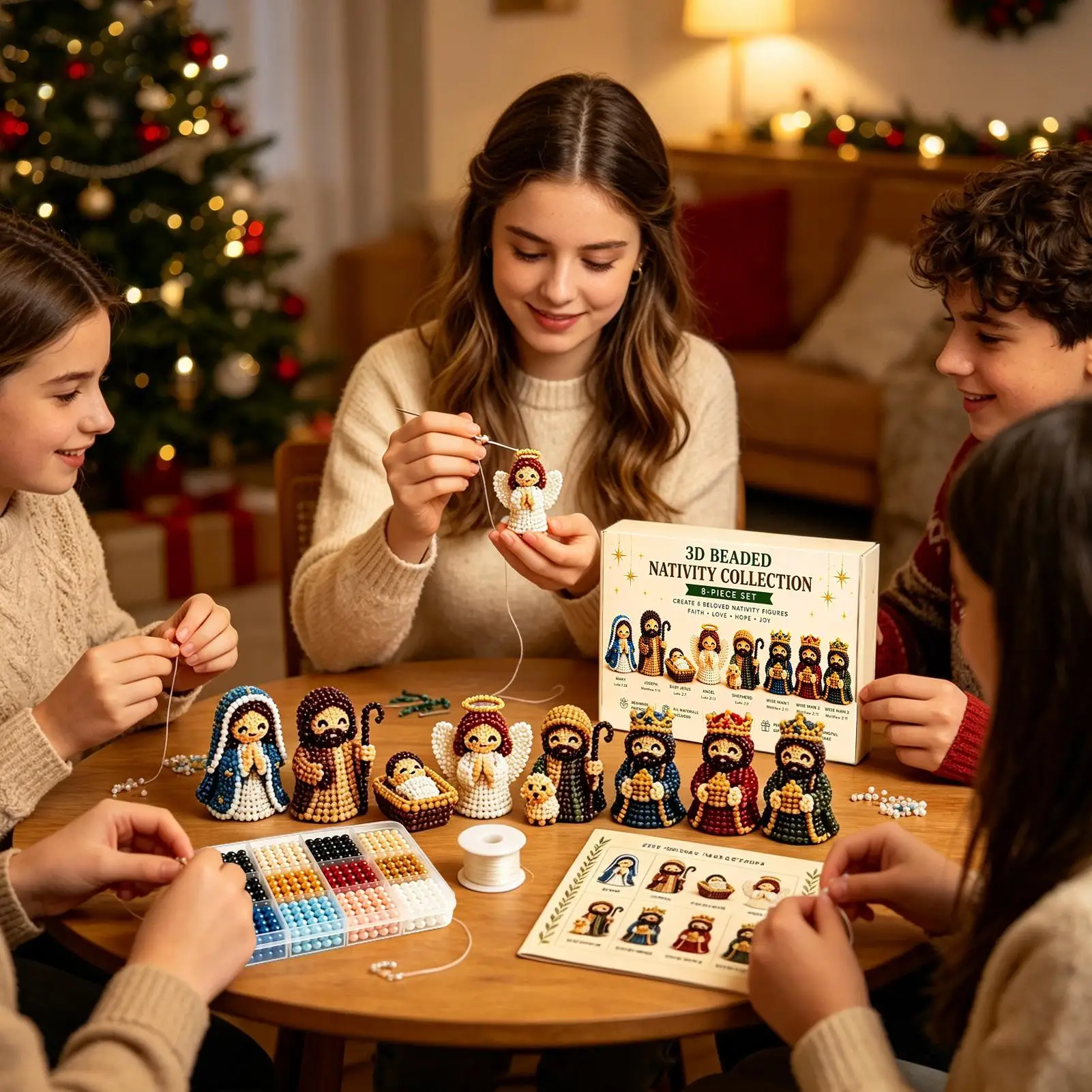 Christmas Nativity Bead Craft Kit 3D Beaded Craft Figurines Decor Beading Christmas Figures Kit for Men Women Adults Dad Wife