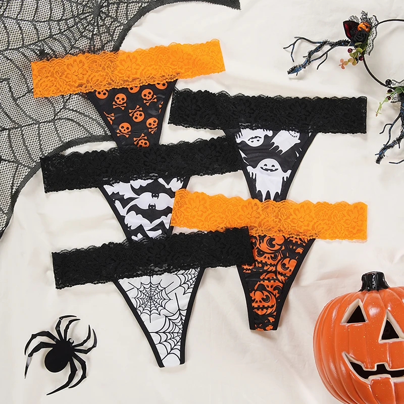 Halloween Panties Sexy Lace T Pants Bat Pumpkins Pattern Thongs Women\'s Underwear Hip Lift Briefs Low Rise Panties