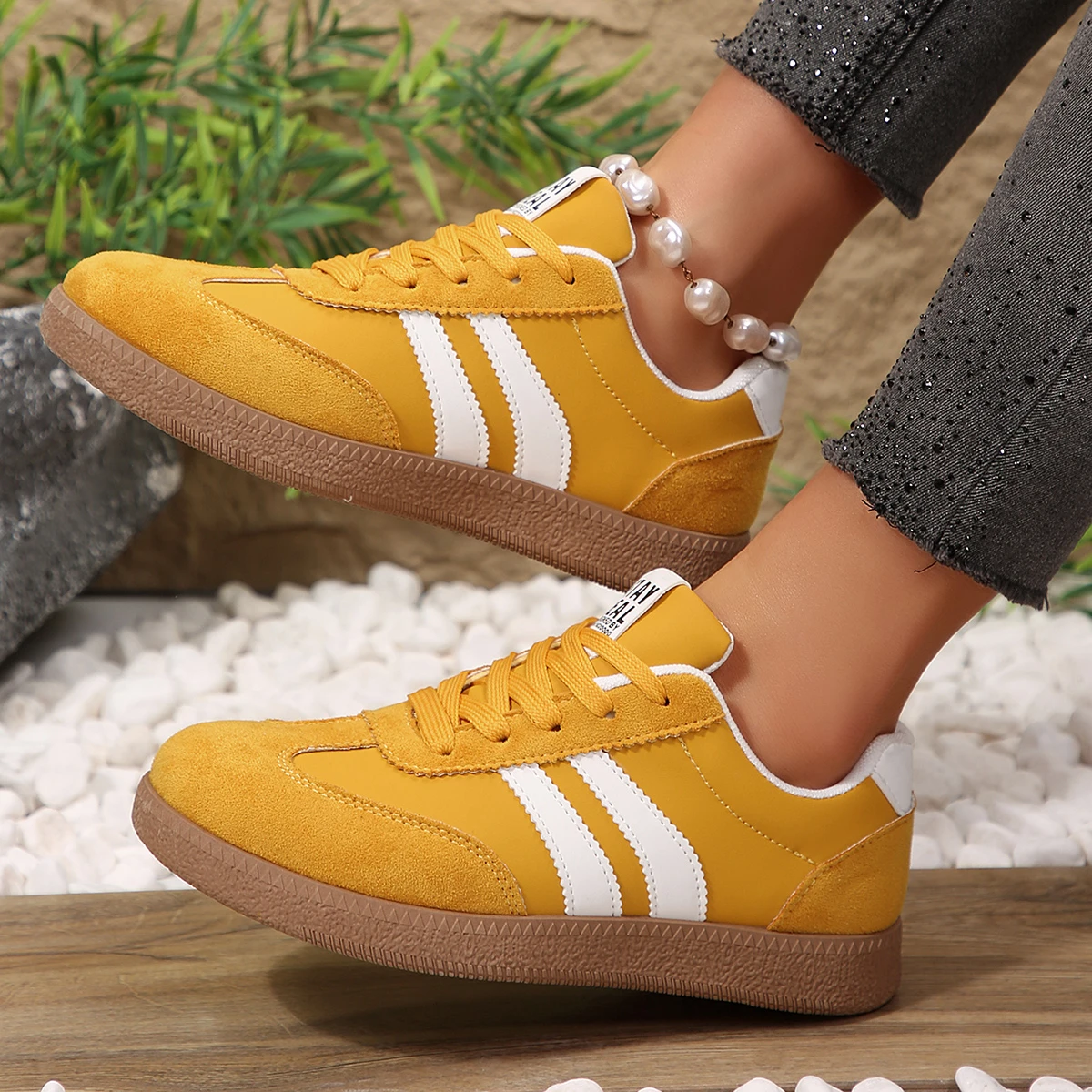 Leichte, bequeme Sneaker für Damen, modische gestreifte Schnürschuhe, lässige, atmungsaktive grüne Sneaker in großen Größen – Detail 9