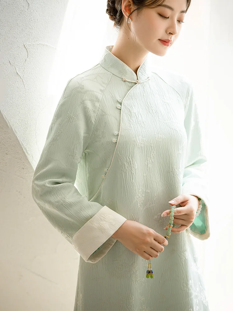 

Loose Long Dr Women's High-End Embroidered Hanfu Sle Tea Ceremony Casual Long Sve Midi Dr with Button