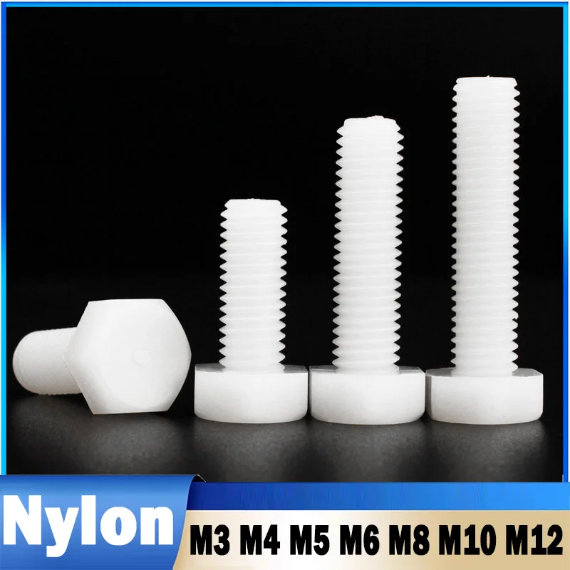 5~50Pcs M3 M4 M5 M6 M8 M10 M12 White Nylon Plastic Insulated Outer External Hex Hexagon Head Cap Bolt Screw