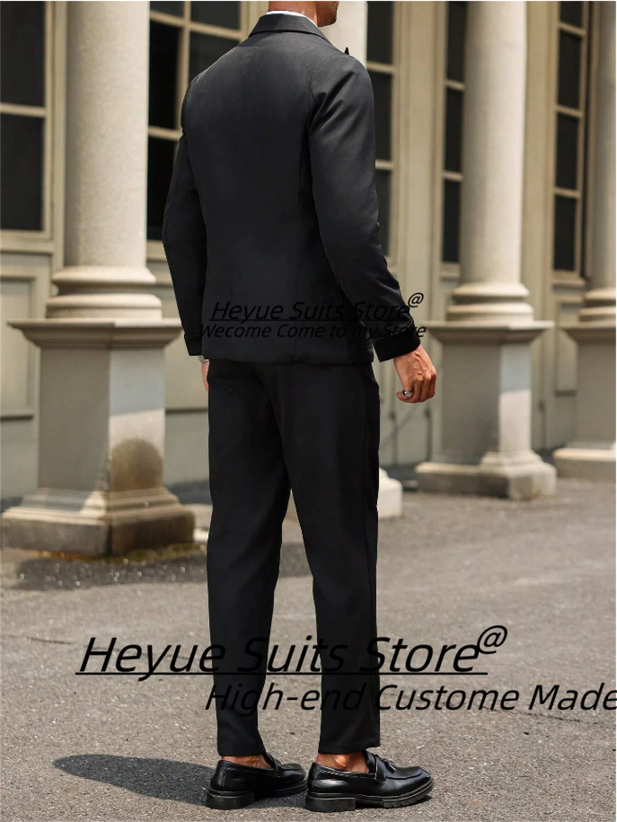 Traje de satén negro para hombre, esmoquin ajustado con solapa de pico, conjunto de 2 piezas, blazer, elegante