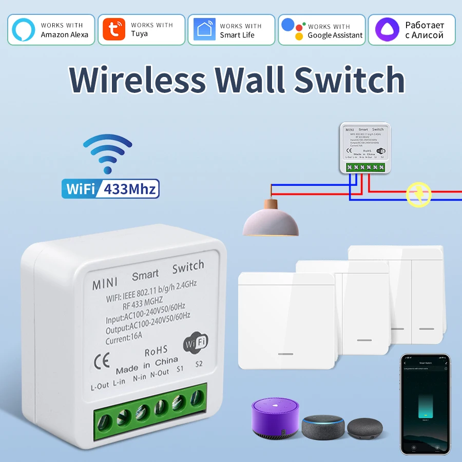 Tuya Smart WiFi Light Switch RF 433MHz Wireless Panel Switch Smart Life APP Voice Control Works With Alexa Google Home Alice 16A