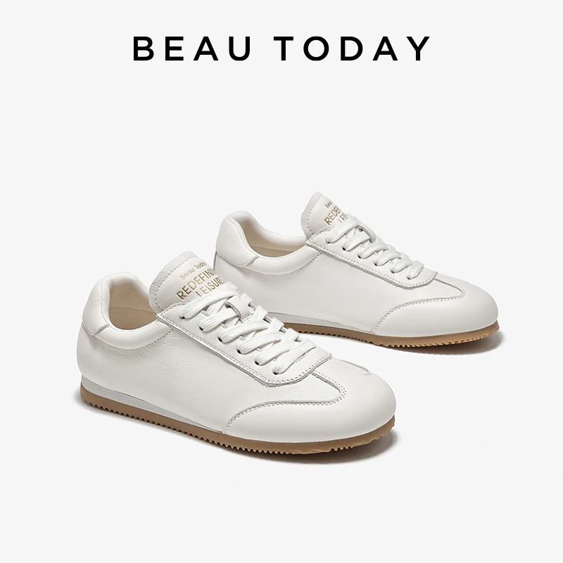 BEAUTODAY Sneakers Women Cow Leather Casual White Athletic Moral Training Shoes Low Heels Lace-Up Breath Tennis Flats 29880