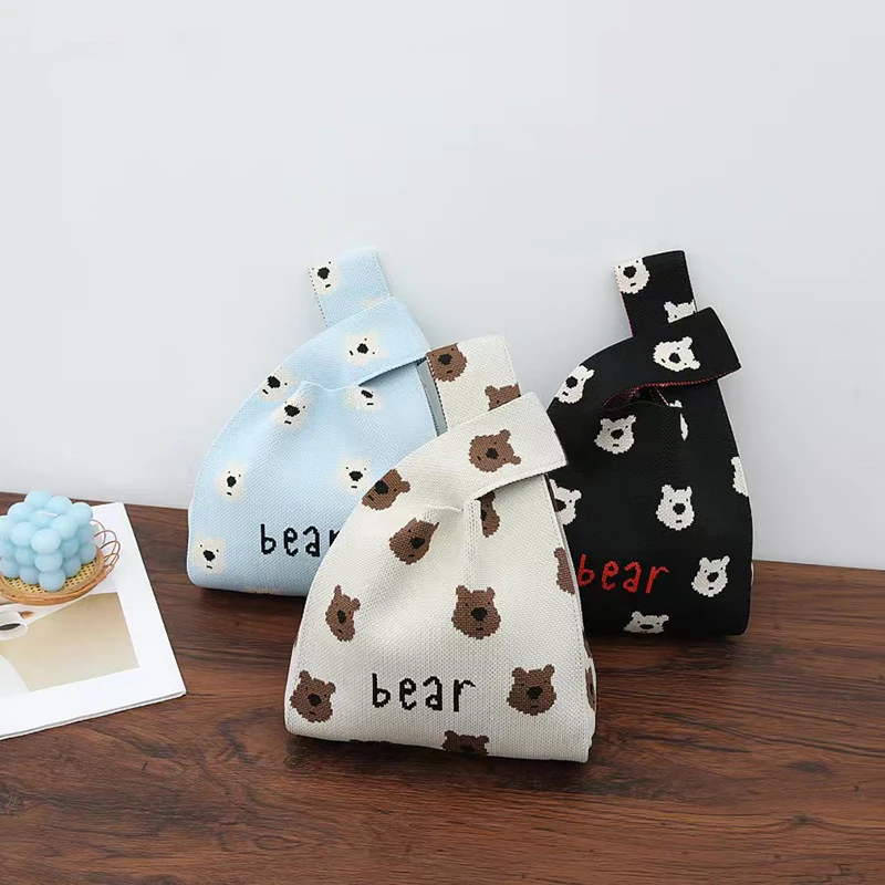 

Cute Animal Wrist Bag Portable Mini Striped Tote Handmade Knitted Bag Bucket Phone Handbags Large Capacity Autumn Winter Bags