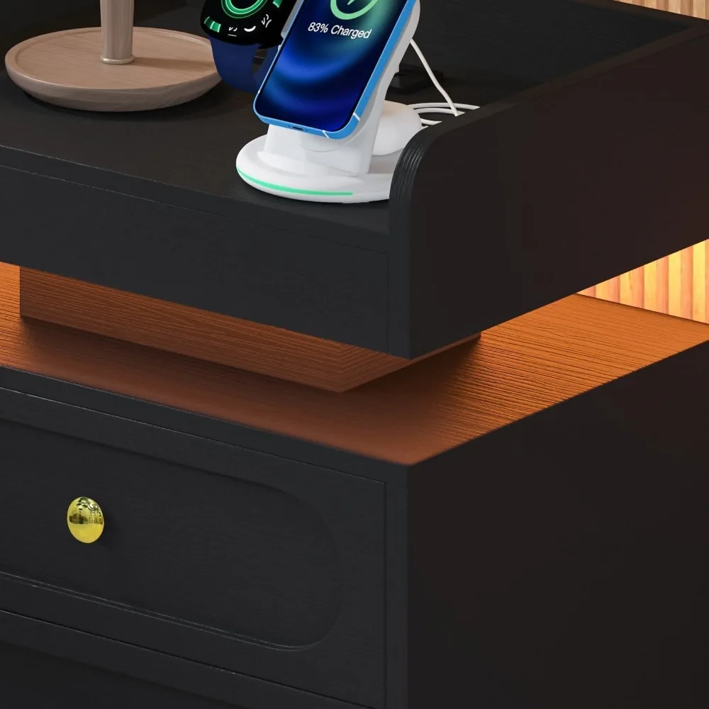 Estación de carga Juego de 2 mesitas de noche con luces LED, mesitas de noche con doble cajón, mesa auxiliar moderna para dormitorio