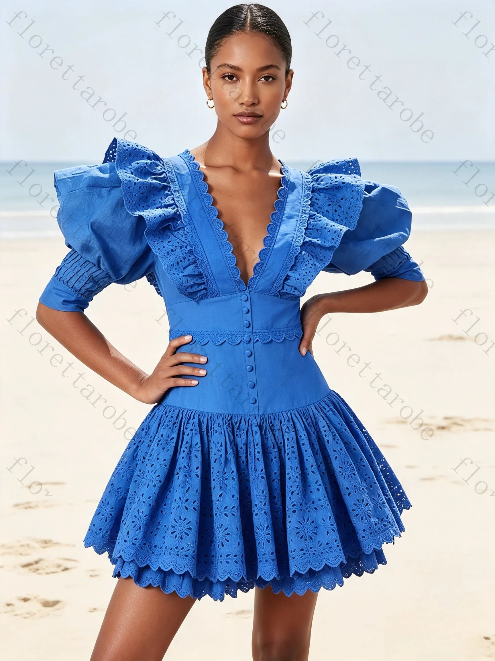 Customized Sexy A-line Patchwork Wave Edge Evening Gowns V Neck Puff Sleeve High Waist Slimming Mini Fashion Beach Party Dresses
