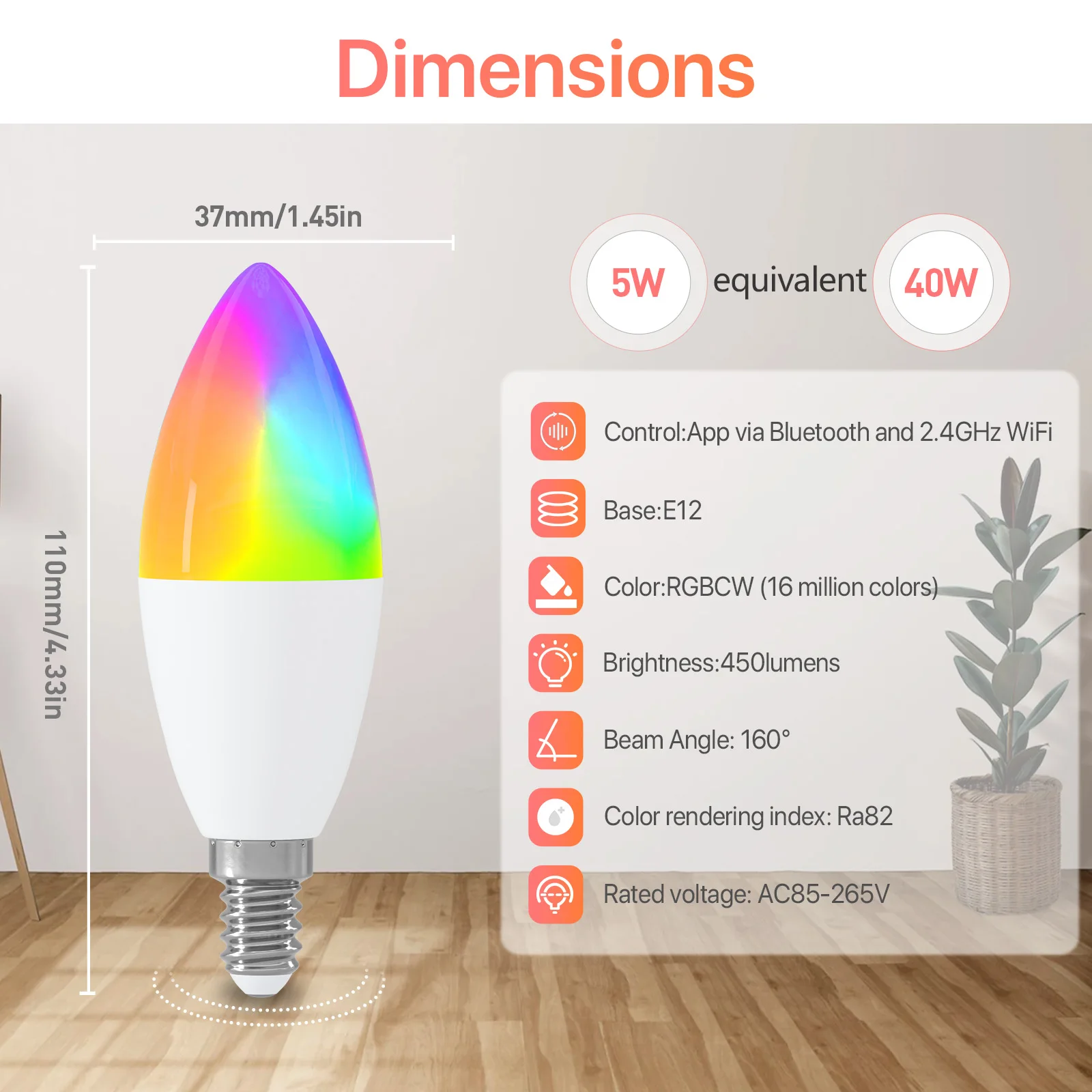 Bombillas de vela inteligentes E12 C37 110V 5W luz inteligente WiFi Bluetooth RGB cambio de Color funciona con Alexa Google Home bombilla LED