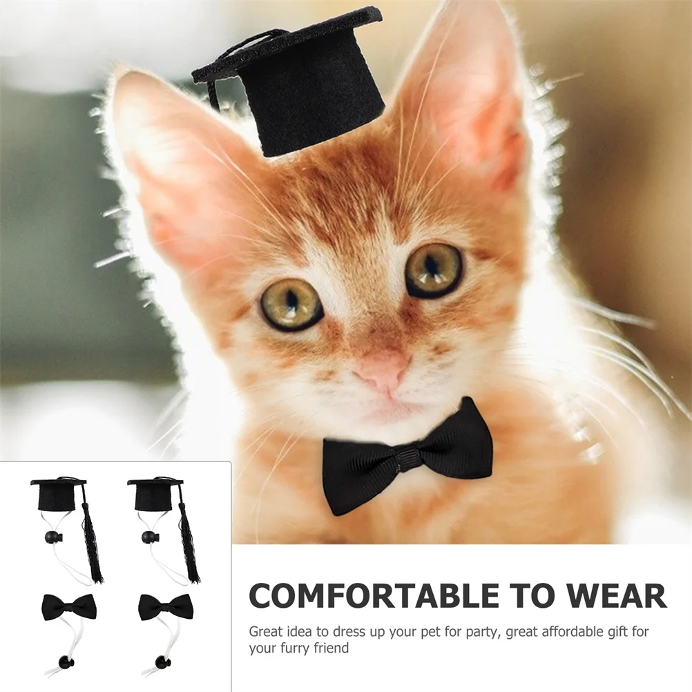 

2pcs Bachelor's Hat Set Black Tassel Elastic Cap Pet Costume Accessories Bow Tie Felt Material Small Animals Dog Supplies