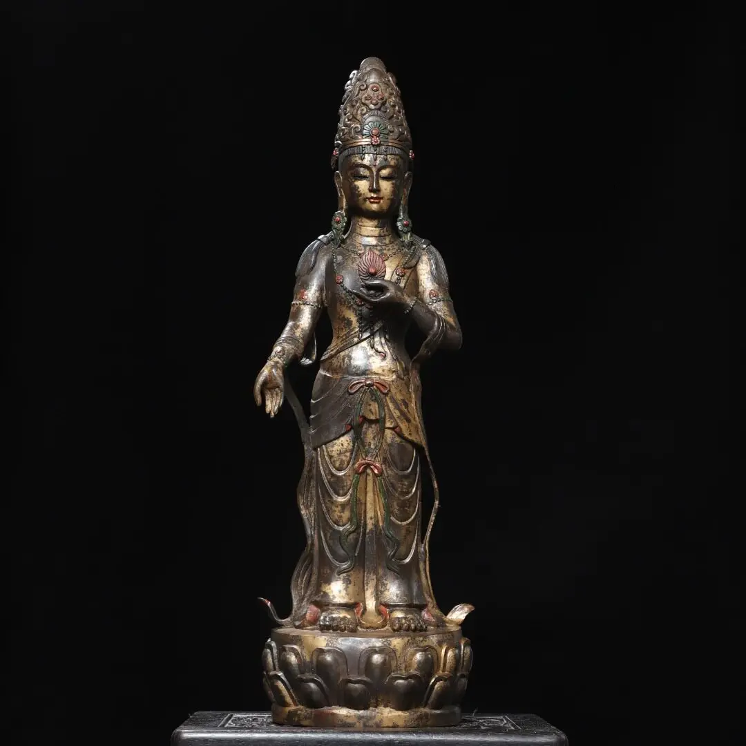 Large Antique Copper Gold Gilded Standing Guanyin Tara Buddha Statue Tibetan Buddhist Home Altar Decor