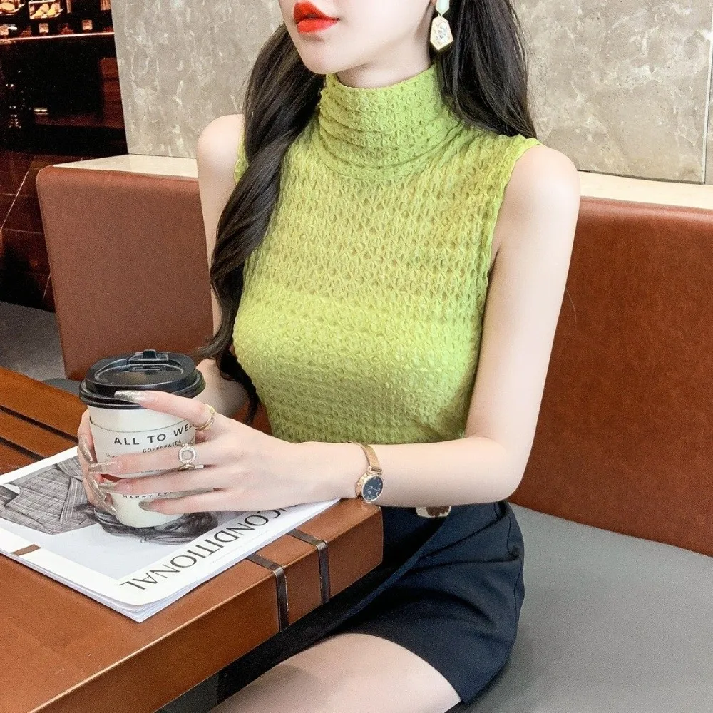 Stretchy Turtleneck Collar Tank Top Crinkle Texture Sleeveless Lace Camisole Sheer Mesh Slim Fit Mesh Blouse Autumn Wear