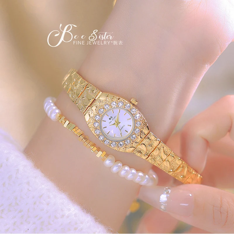 Bs Merk Luxe Mode Vrouwen Gouden Horloge Crystal Diamant Kleine Klok Vrouwen Jurk Strass Quartz Polshorloge Cadeau Voor Vrouwen