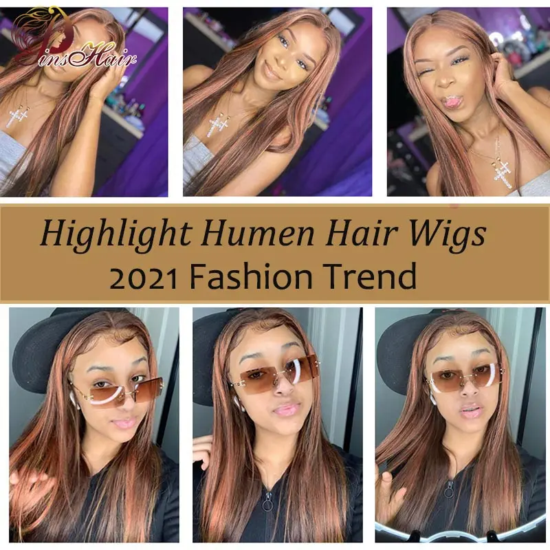 Honey Blonde Highlight Straight Lace Frontal peruca de cabelo humano para mulheres, pré-arrancadas, coloridas, Remy, P4, 27, 13x6