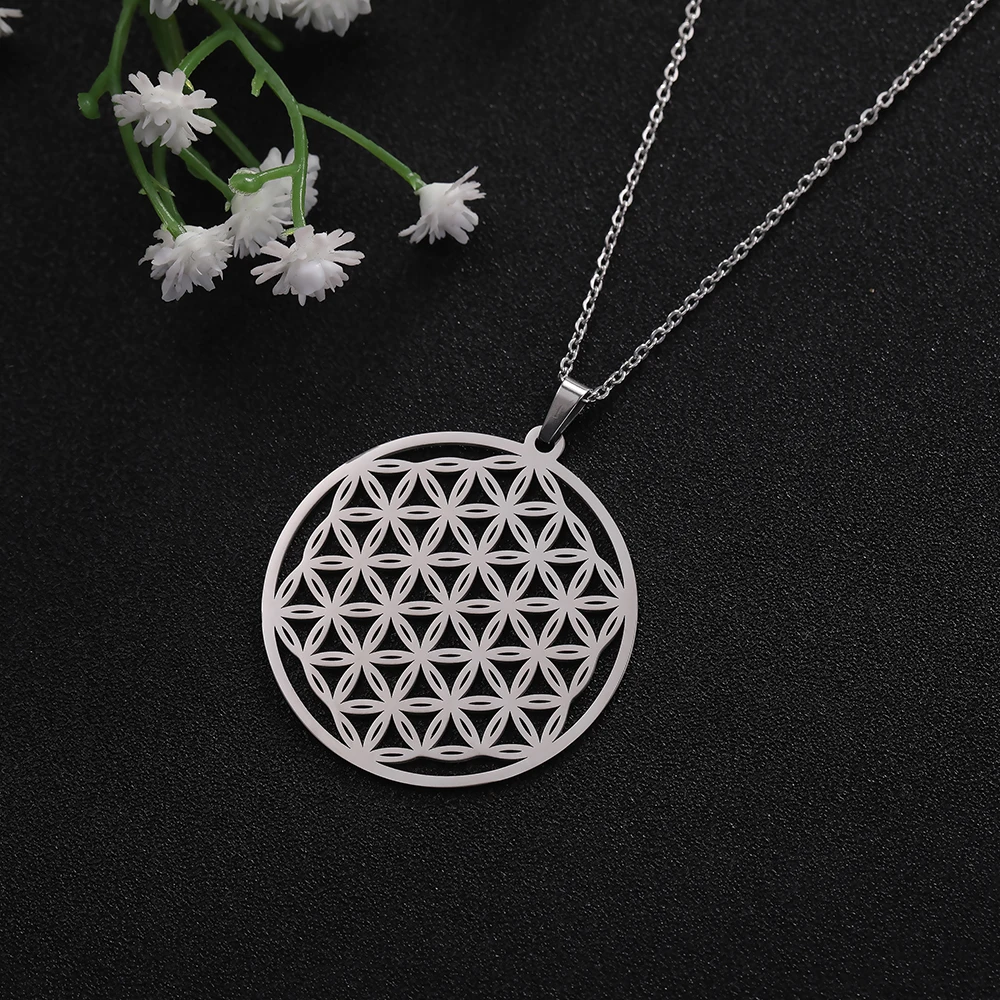 Kkjoy Fashion Stainless Steel Silver Color Viking Wicca Amulet Hollow Flower of Life Pendent Necklace for Women Jewelry Gift