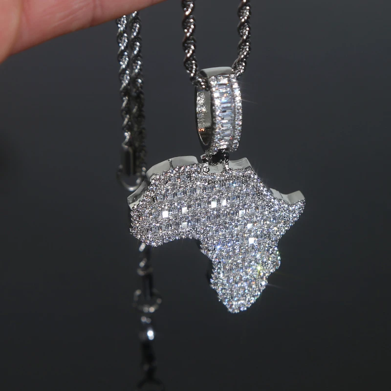 New Arrive Rectangle Cubic Zirconia CZ Paved Bling Africa Map Shaped Pendant Necklace Hip Hop Men Boy Cool Meaning Jewelry