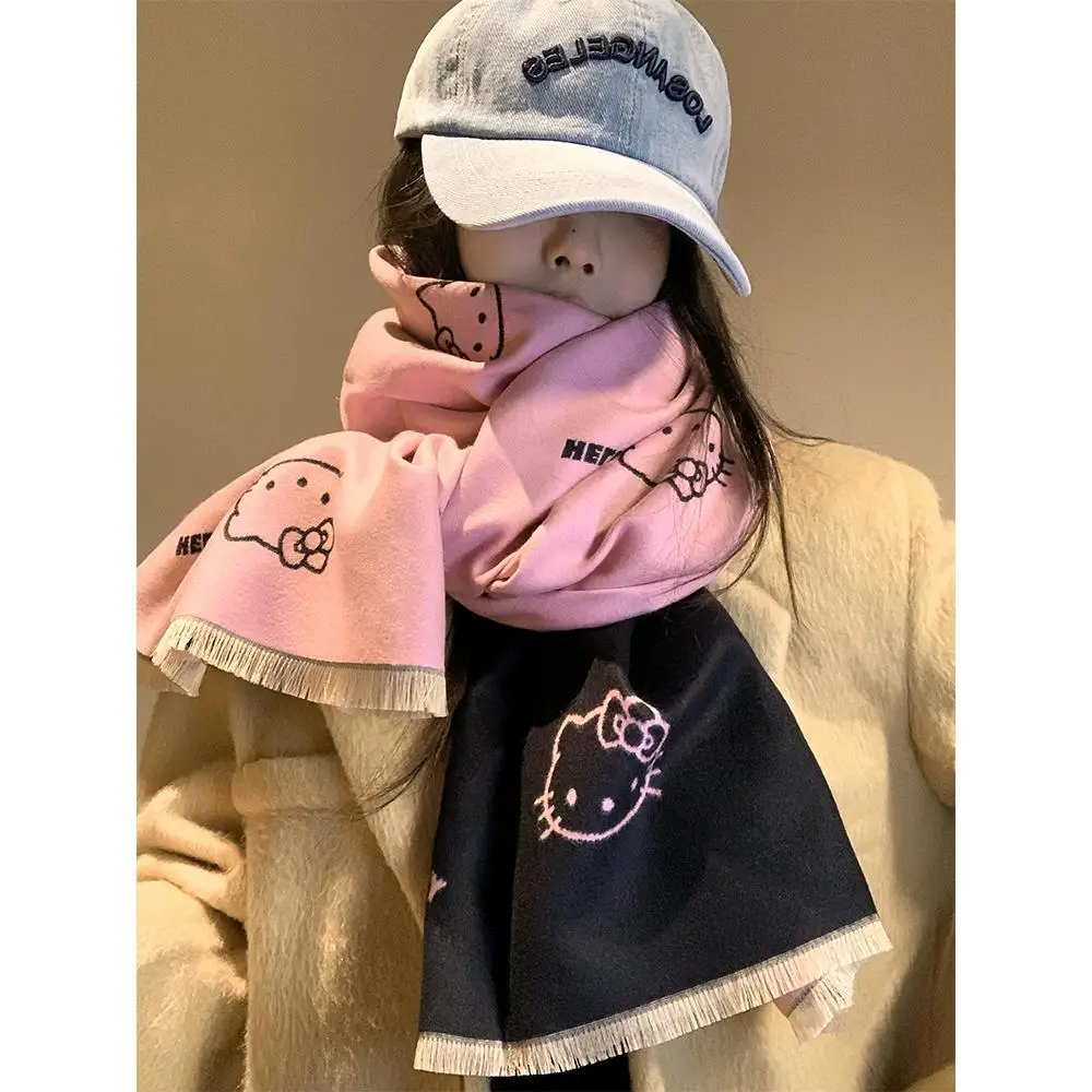 Sanrio Hello Kitty Reversible Imitation Cashmere Scarf Girl Kitty Winter Korean Atmosphere Pink Warm Neck Scarf Holiday Gifts