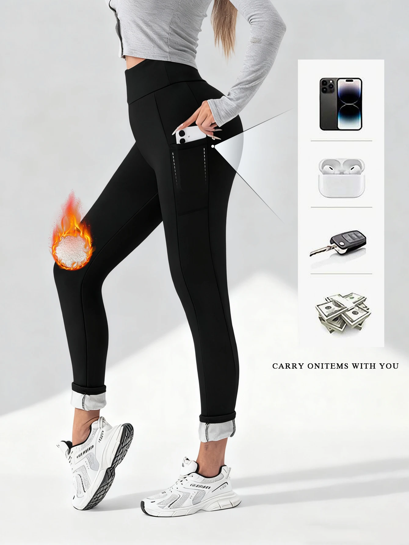 Damen-Leggings mit hoher Taille, Thermo-Seitentasche, Bauchkontrolle, Po-Lifting, Yoga-Hose, Winter, warm, schmale Passform, Workout, Freizeithose