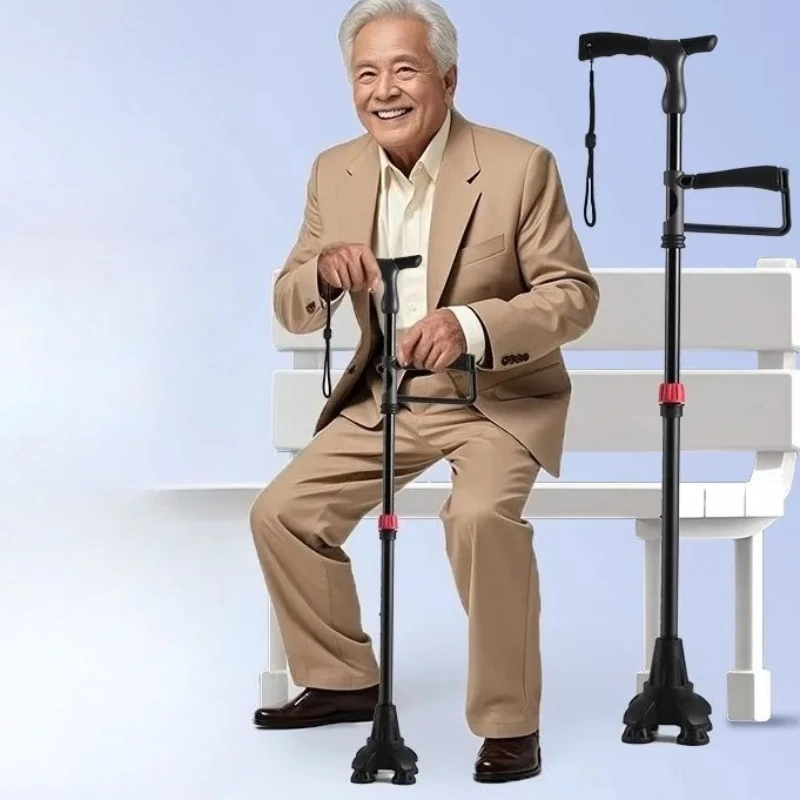 Elderly Foldable Telescopic Crutch Double Handle Four Feet Disability Aid Walking Crutches for Adults Mobility Aids and Supports