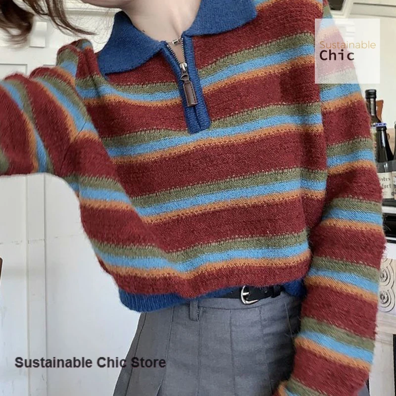 American retro striped zipper polo neck knit bottoming shirt women's autumn and winter fashion niche chic unique pullover. 5