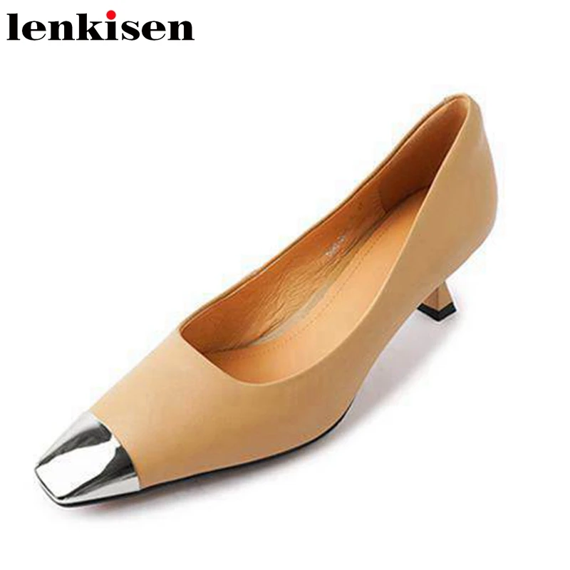 

Lenkisen 2023 Genuine Leather Square Toe Shallow Med Heels Summer Splicing Luxury Goods Grace Beauty Girl Slip on Women Pumps