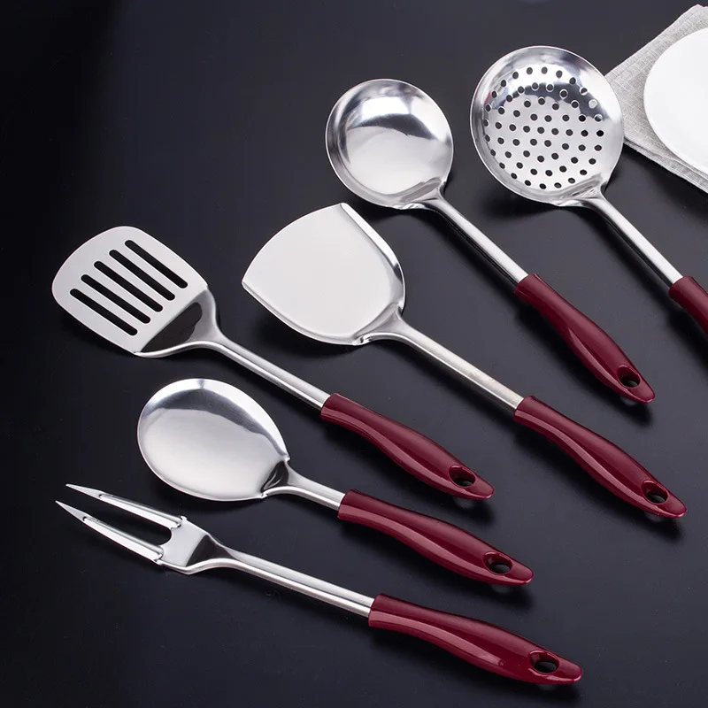 Stainless steel 7-piece kitchen utensil set featuring non-slip heat-resistant handles includes frying shovel soup spoon rice spo