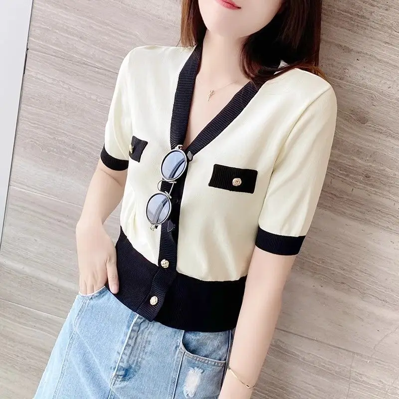 Women Clothing Elegant Solid Patchwork Button Cardigan Summer Casual Loose V-neck Short Sleeve Top Lady Fashion Thin Knits