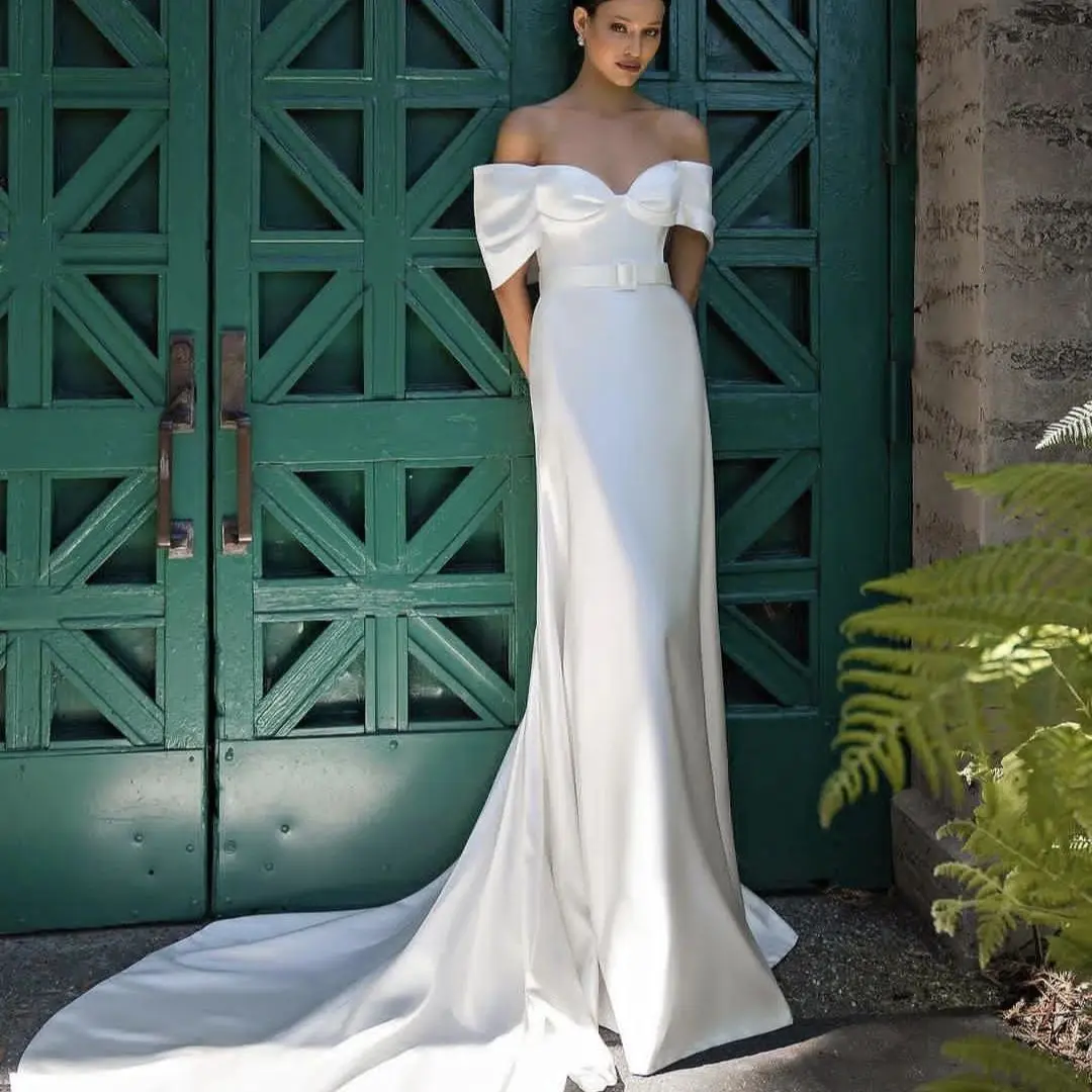 Elegant Wedding Dress With Court Train Satin Off The Shoulder For Women Bridal Gowns Charming Stunning Customize To Measures 202