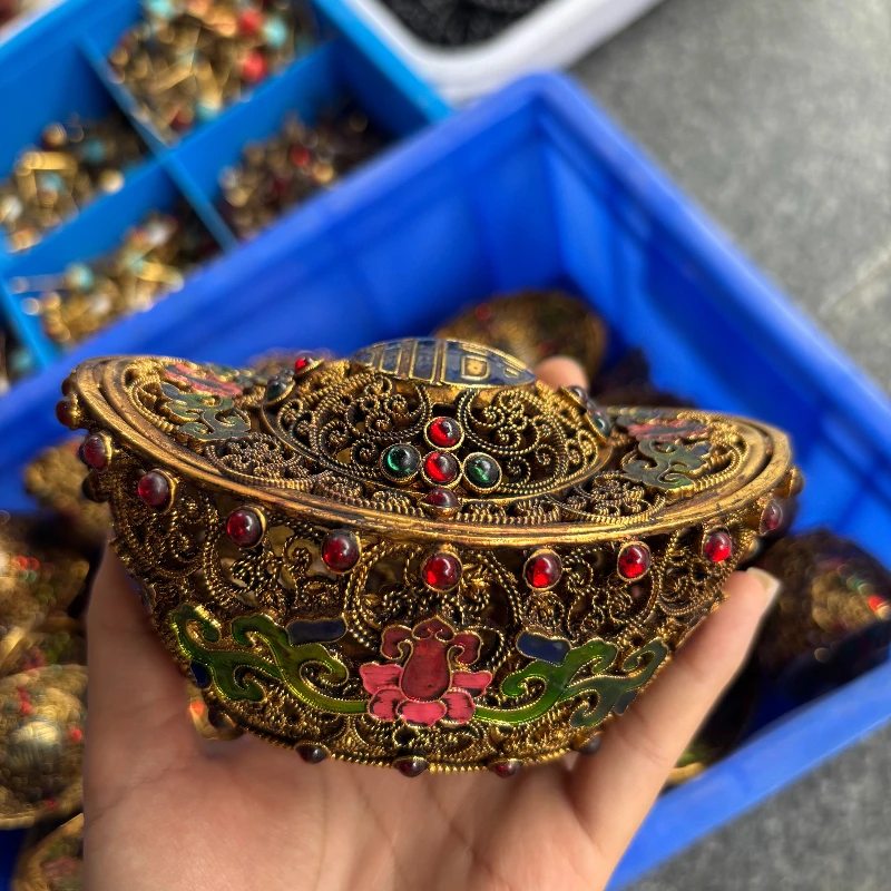 Gift Qing Dynasty Alloy Gold-plated Enamel Craft Inlaid Beads Hollowed-out Yuanbao Gold Ingot Crafts Ornament