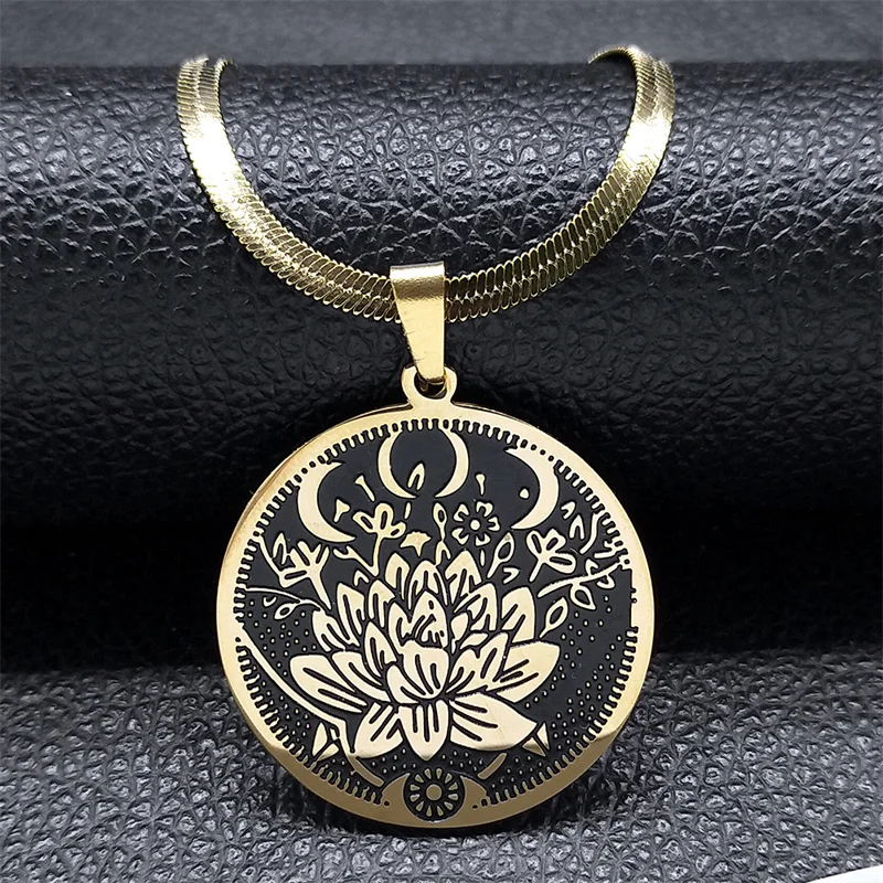 Triple Moon Goddess With Lotus Flower Necklace for Women Men Stainless Steel Gold Color Wicca Eye Necklaces Jewelry N918S02